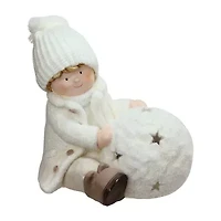 12.5'' White Christmas Snowball with Sitting Boy Tealight Candle Holder