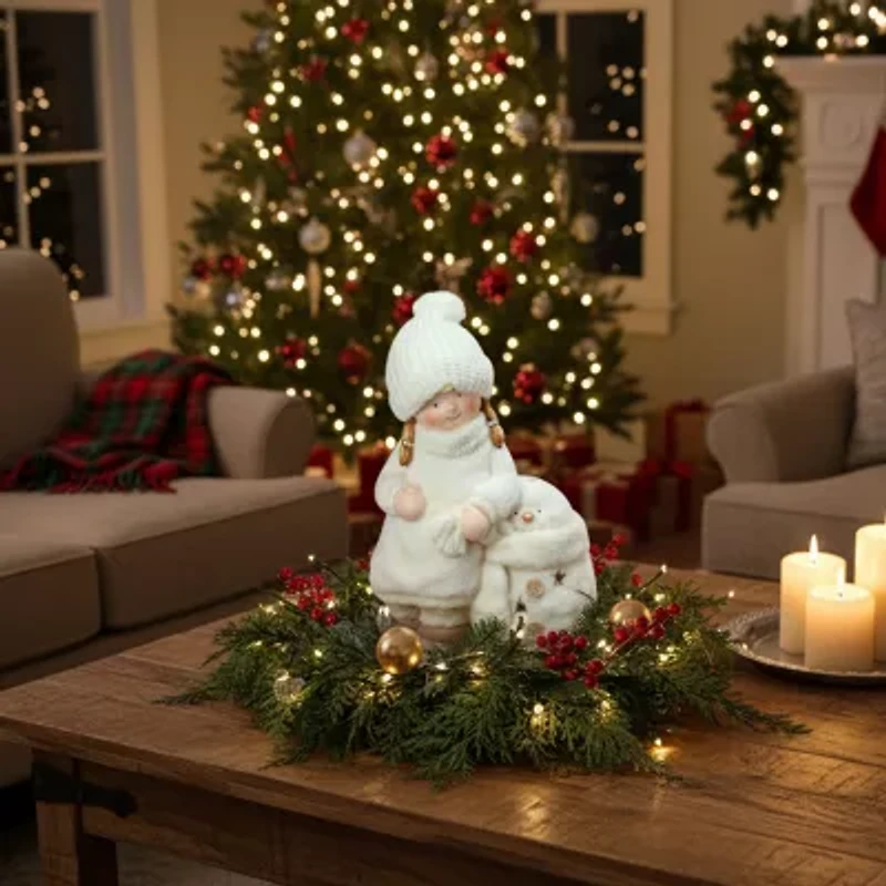 17.25 White Tealight Snowman with Standing Girl Christmas Candle Holder