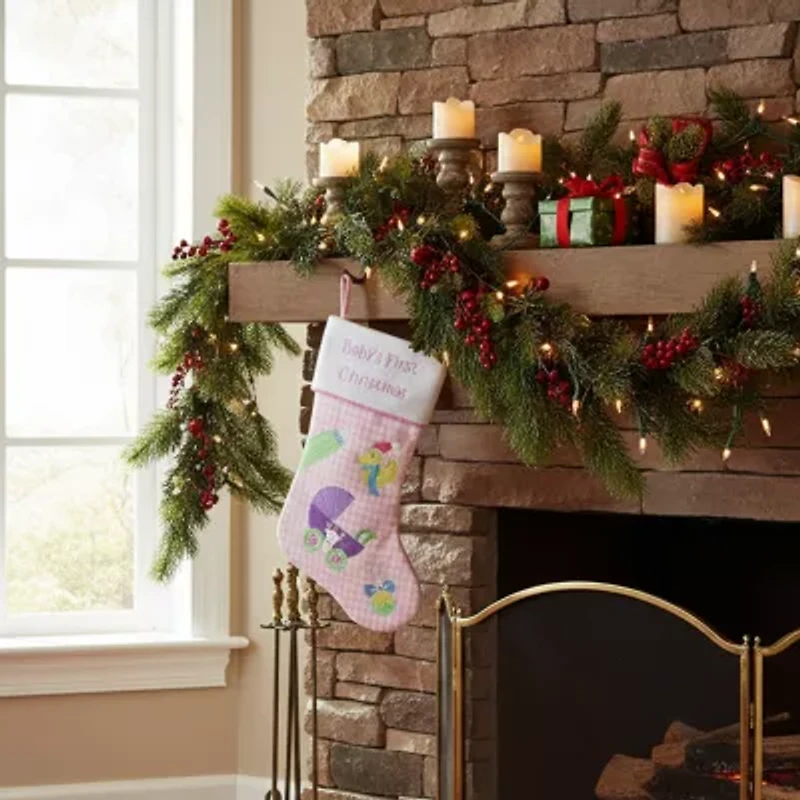 18.5'' Pink and White ''Baby's First Christmas'' Embroidered Stocking