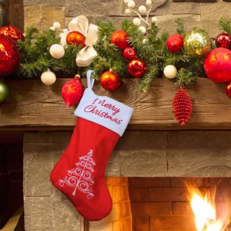 15.75'' Red and White Merry Christmas Tree Stocking with Cuff