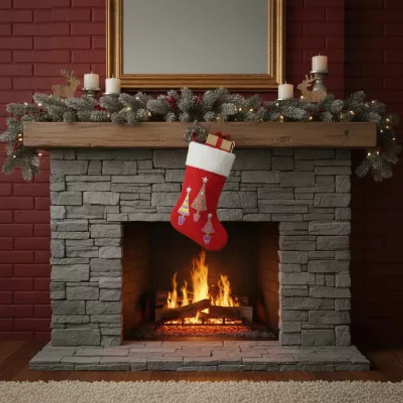 20'' Red and White Embroidered Velveteen Cuff Christmas Tree Stocking