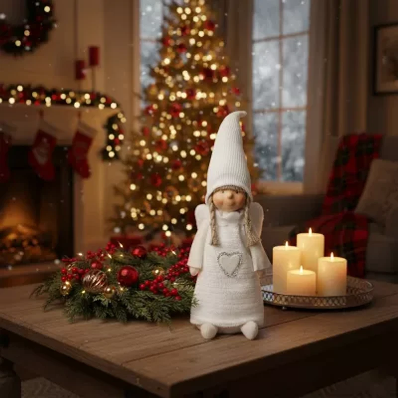 19.25'' White Snowy Woodlands Girl Angel Christmas Tabletop Figurine