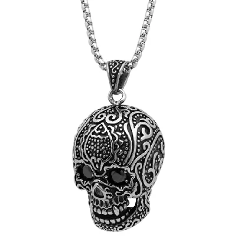 Steeltime Mens Black Cubic Zirconia Stainless Steel Skull Hypoallergenic 36 Inch Pendant Necklace