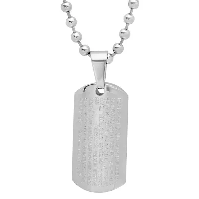 Steeltime Padre Nuestro Mens Stainless Steel Cross Dog Tag Hypoallergenic 24 Inch Pendant Necklace