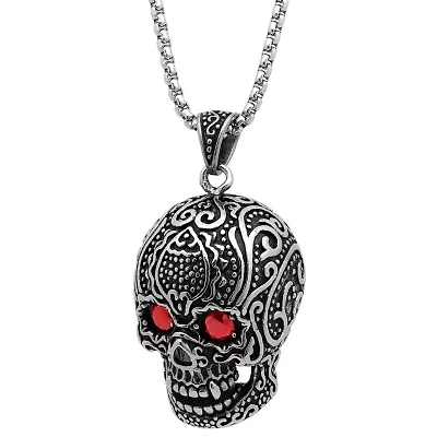 Steeltime Mens Black Cubic Zirconia Stainless Steel Skull Hypoallergenic 36 Inch Pendant Necklace