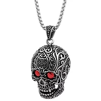 Steeltime Mens Black Cubic Zirconia Stainless Steel Skull Hypoallergenic 36 Inch Pendant Necklace