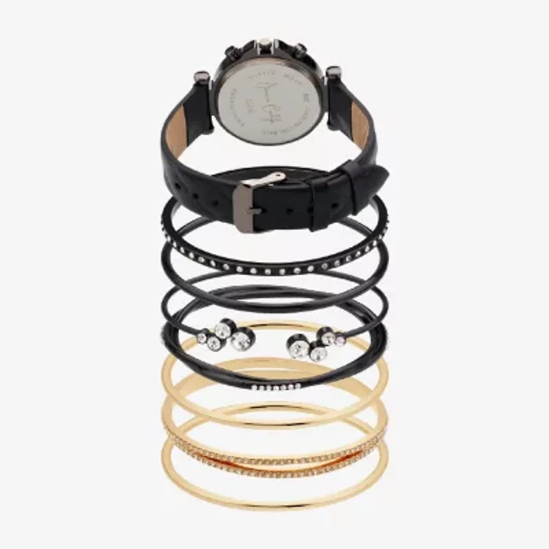 Womens Crystal Accent Black Leather 8-pc. Watch Boxed Set 1506u-42-D02