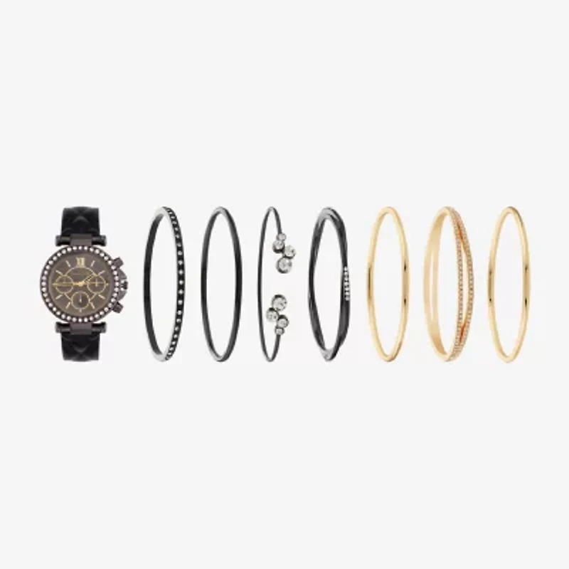 Womens Crystal Accent Black Leather 8-pc. Watch Boxed Set 1506u-42-D02