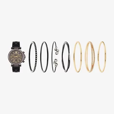 Womens Crystal Accent Black Leather 8-pc. Watch Boxed Set 1506u-42-D02