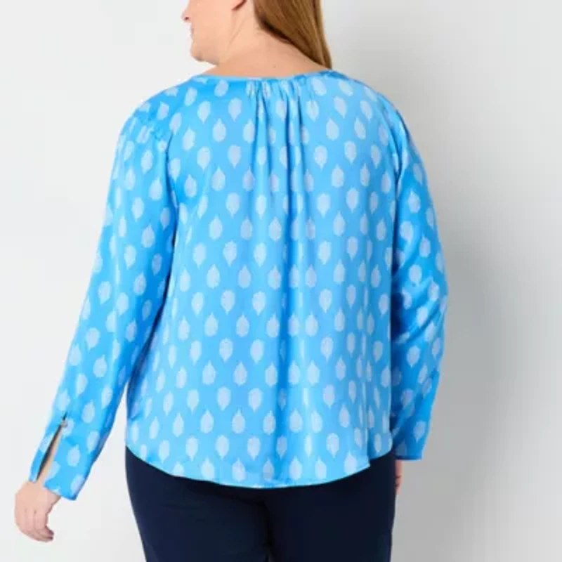 Liz Claiborne Womens Round Neck Long Sleeve Satin Plus Blouse