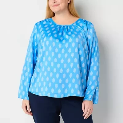 Liz Claiborne Womens Round Neck Long Sleeve Satin Plus Blouse