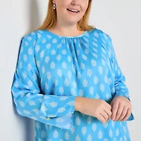 Liz Claiborne Womens Round Neck Long Sleeve Satin Plus Blouse