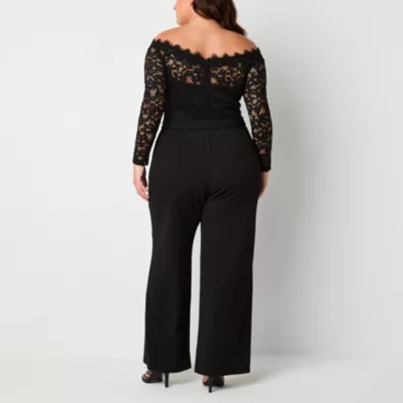 Premier Amour Off The Shoulder Womens Straight Neck Long Sleeve Plus Jumpsuit