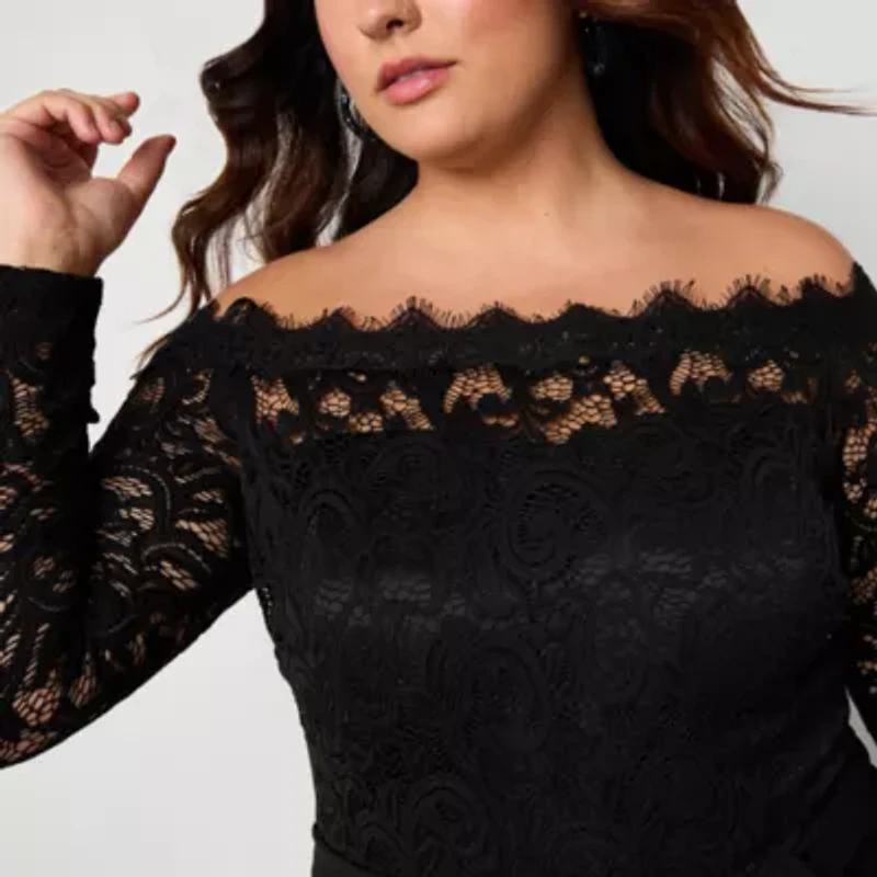 Premier Amour Off The Shoulder Womens Straight Neck Long Sleeve Plus Jumpsuit
