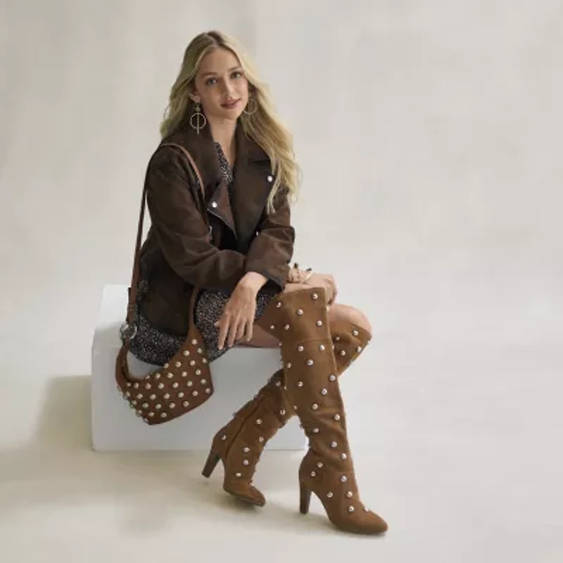 a.n.a Womens Malinda Genuine Suede Studded Stiletto Heel Over The Knee Boots