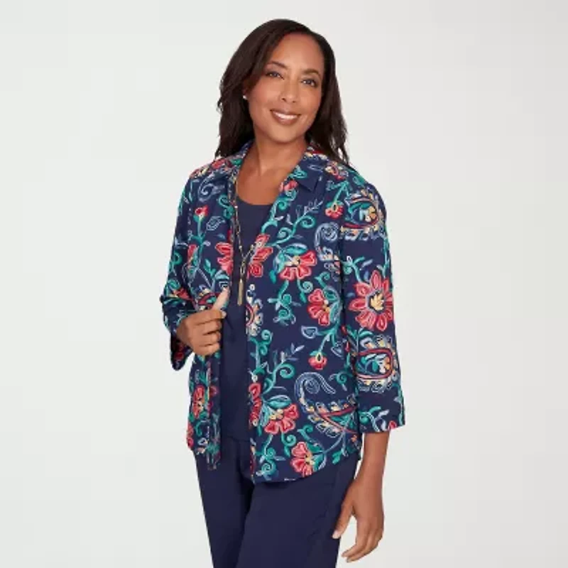 Alfred Dunner Saratoga Springs Womens Round Neck 3/4 Sleeve Layered Top