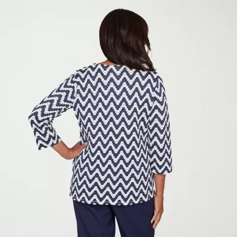 Alfred Dunner Saratoga Springs Womens Crew Neck 3/4 Sleeve T-Shirt