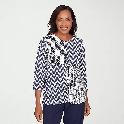 Alfred Dunner Saratoga Springs Womens Crew Neck 3/4 Sleeve T-Shirt