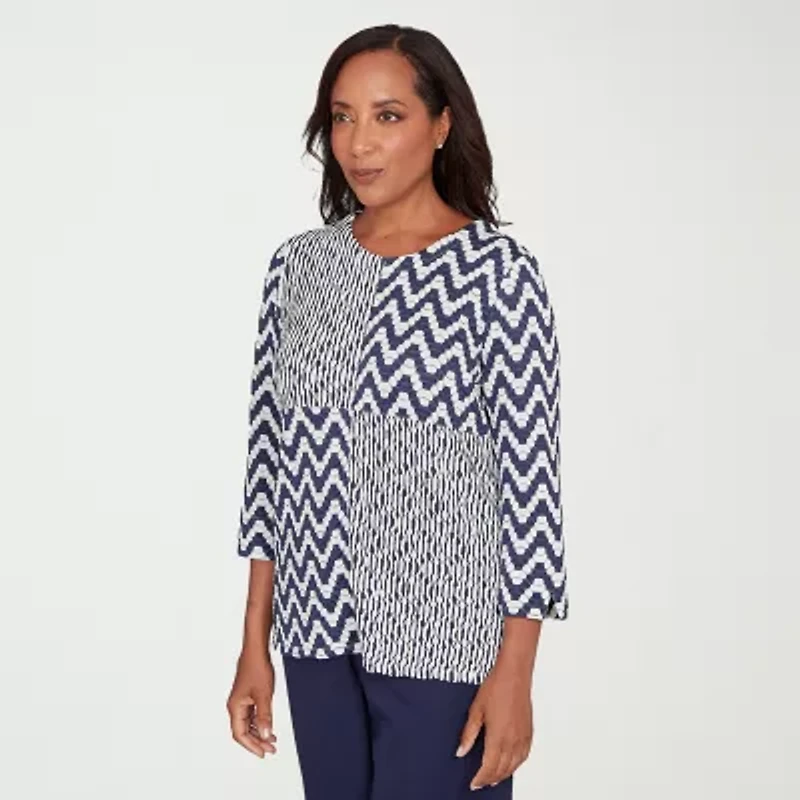 Alfred Dunner Saratoga Springs Womens Crew Neck 3/4 Sleeve T-Shirt