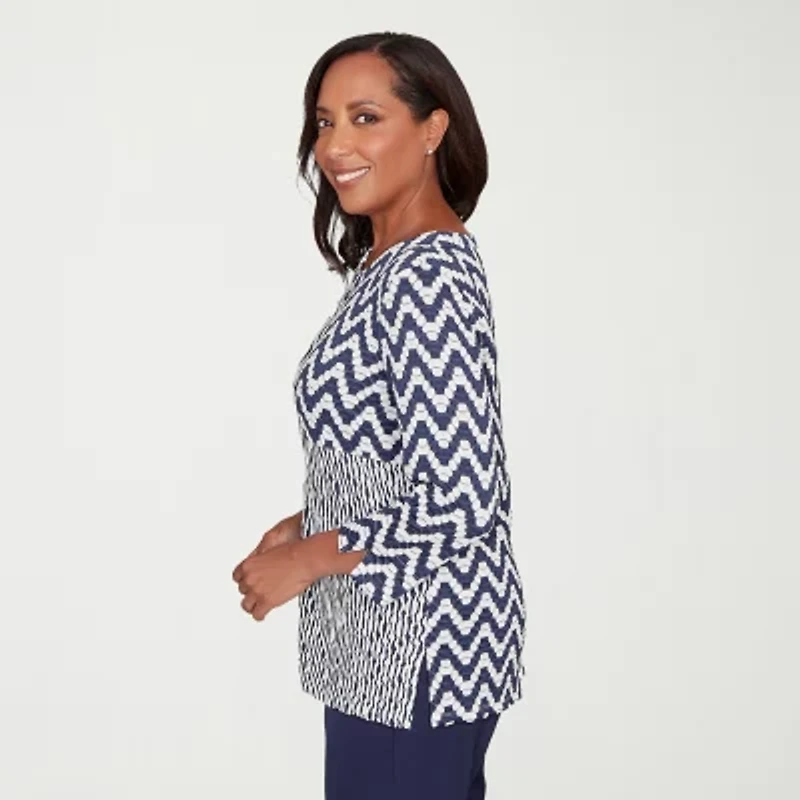 Alfred Dunner Saratoga Springs Womens Crew Neck 3/4 Sleeve T-Shirt