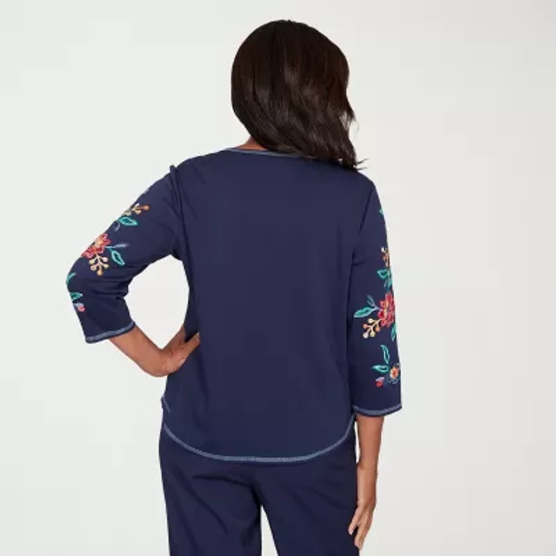 Alfred Dunner Saratoga Springs Womens Crew Neck 3/4 Sleeve T-Shirt