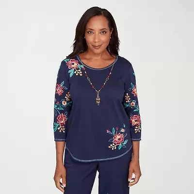 Alfred Dunner Saratoga Springs Womens Crew Neck 3/4 Sleeve T-Shirt