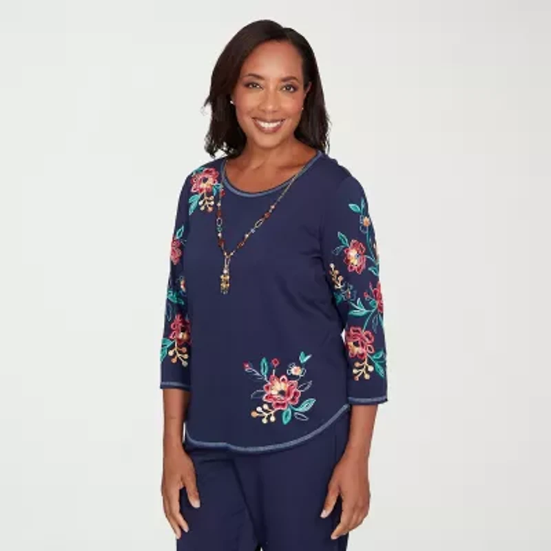 Alfred Dunner Saratoga Springs Womens Crew Neck 3/4 Sleeve T-Shirt