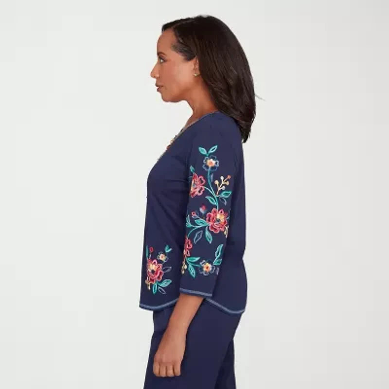 Alfred Dunner Saratoga Springs Womens Crew Neck 3/4 Sleeve T-Shirt