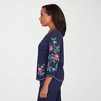 Alfred Dunner Saratoga Springs Womens Crew Neck 3/4 Sleeve T-Shirt