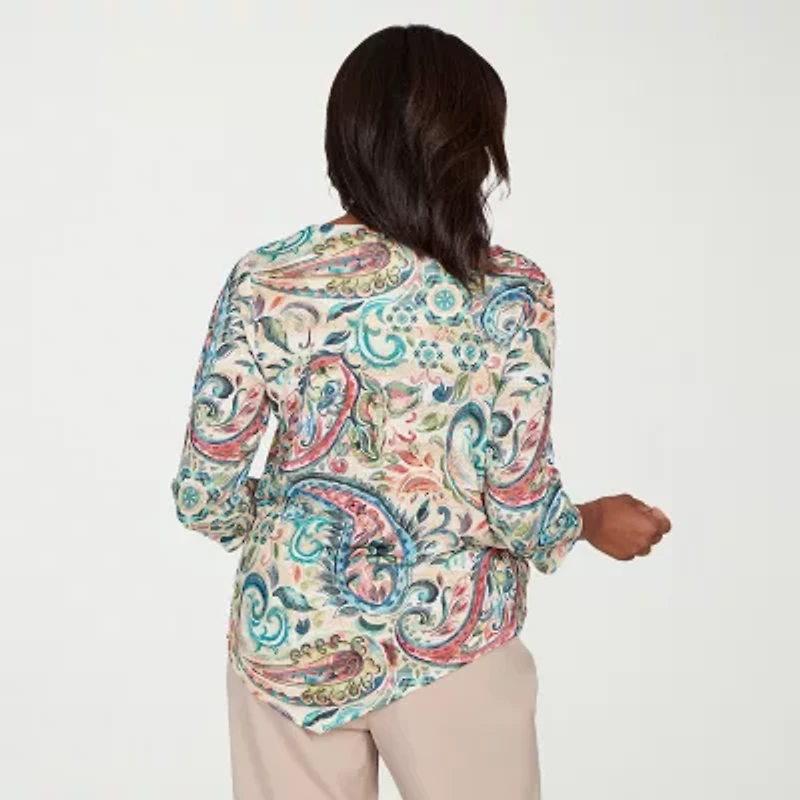 Alfred Dunner Saratoga Springs Womens Crew Neck 3/4 Sleeve T-Shirt