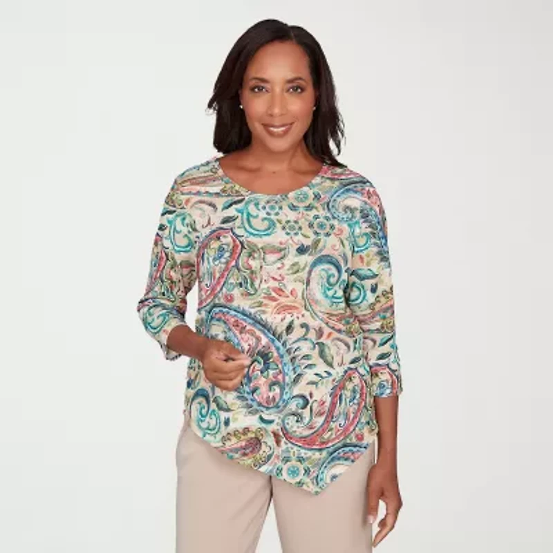 Alfred Dunner Saratoga Springs Womens Crew Neck 3/4 Sleeve T-Shirt