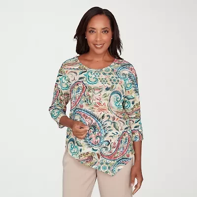 Alfred Dunner Saratoga Springs Womens Crew Neck 3/4 Sleeve T-Shirt