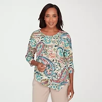 Alfred Dunner Saratoga Springs Womens Crew Neck 3/4 Sleeve T-Shirt