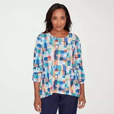 Alfred Dunner Saratoga Springs Womens Crew Neck 3/4 Sleeve T-Shirt