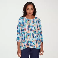 Alfred Dunner Saratoga Springs Womens Crew Neck 3/4 Sleeve T-Shirt