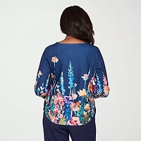 Alfred Dunner Saratoga Springs Womens Keyhole Neck 3/4 Sleeve T-Shirt