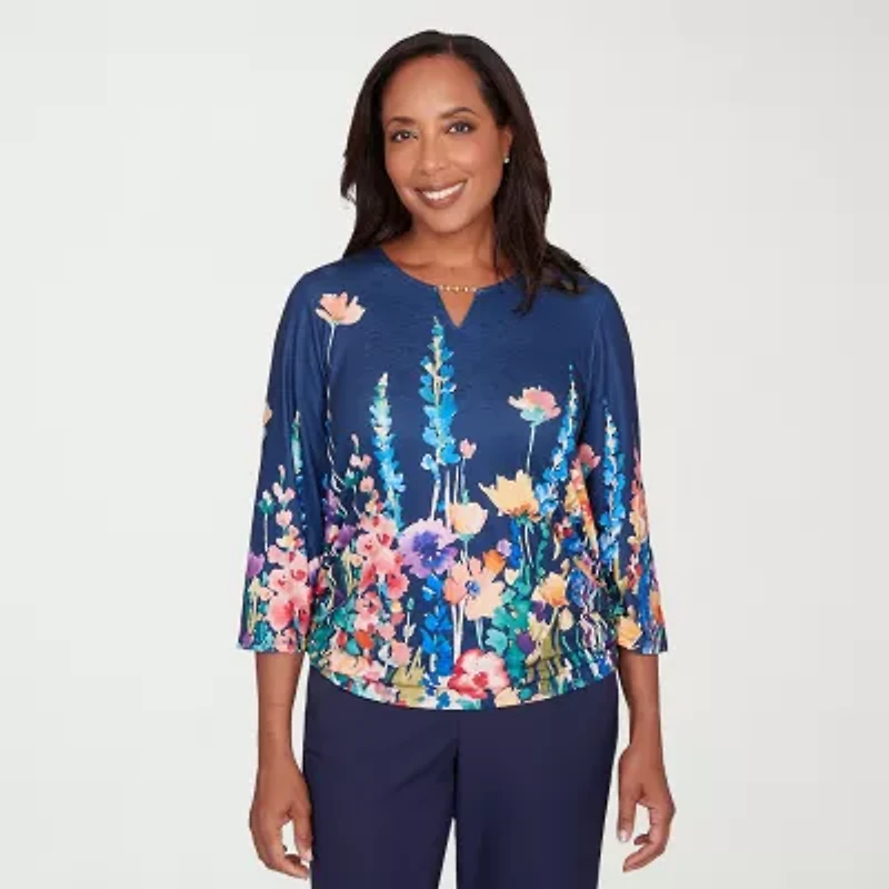 Alfred Dunner Saratoga Springs Womens Keyhole Neck 3/4 Sleeve T-Shirt