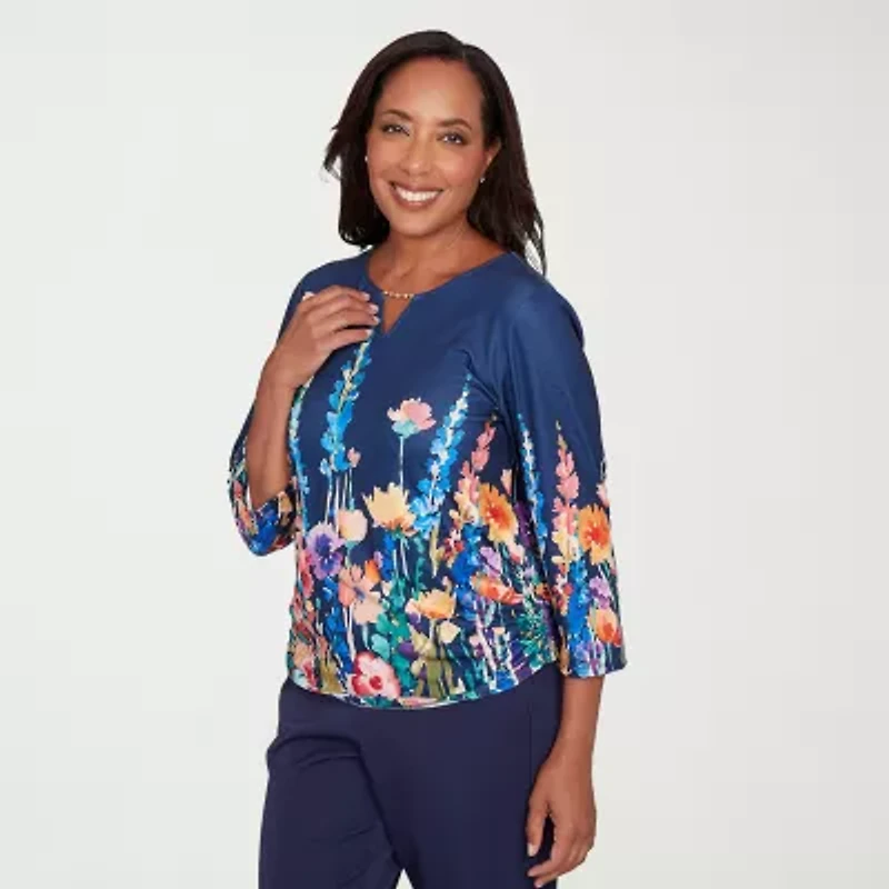 Alfred Dunner Saratoga Springs Womens Keyhole Neck 3/4 Sleeve T-Shirt