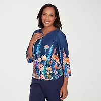 Alfred Dunner Saratoga Springs Womens Keyhole Neck 3/4 Sleeve T-Shirt