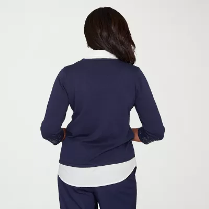 Alfred Dunner Saratoga Springs Womens 3/4 Sleeve Layered Sweater