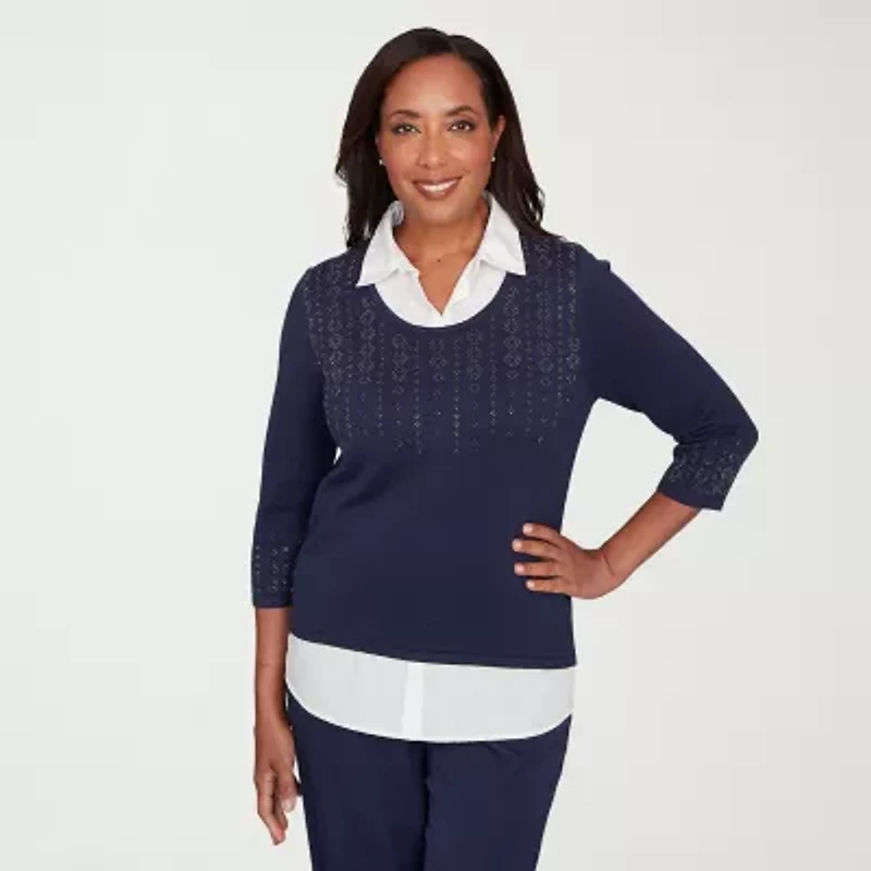 Alfred Dunner Saratoga Springs Womens 3/4 Sleeve Layered Sweater