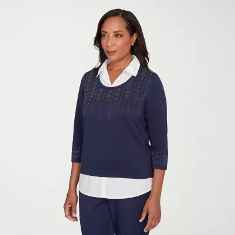 Alfred Dunner Saratoga Springs Womens 3/4 Sleeve Layered Sweater