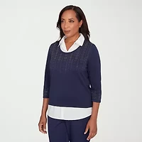 Alfred Dunner Saratoga Springs Womens 3/4 Sleeve Layered Sweater