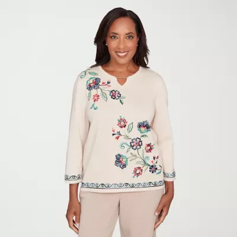 Alfred Dunner Saratoga Springs Womens Crew Neck 3/4 Sleeve Floral Pullover Sweater