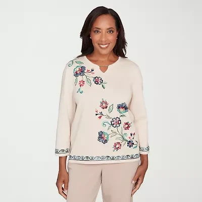 Alfred Dunner Saratoga Springs Womens Crew Neck 3/4 Sleeve Floral Pullover Sweater