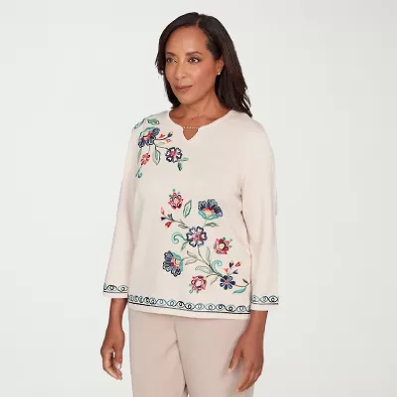 Alfred Dunner Saratoga Springs Womens Crew Neck 3/4 Sleeve Floral Pullover Sweater