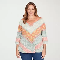 Alfred Dunner Vienna Womens Plus V Neck 3/4 Sleeve T-Shirt