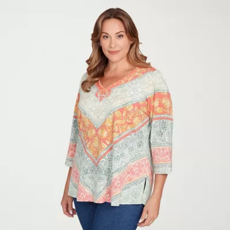 Alfred Dunner Vienna Womens Plus V Neck 3/4 Sleeve T-Shirt