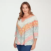 Alfred Dunner Vienna Womens Plus V Neck 3/4 Sleeve T-Shirt