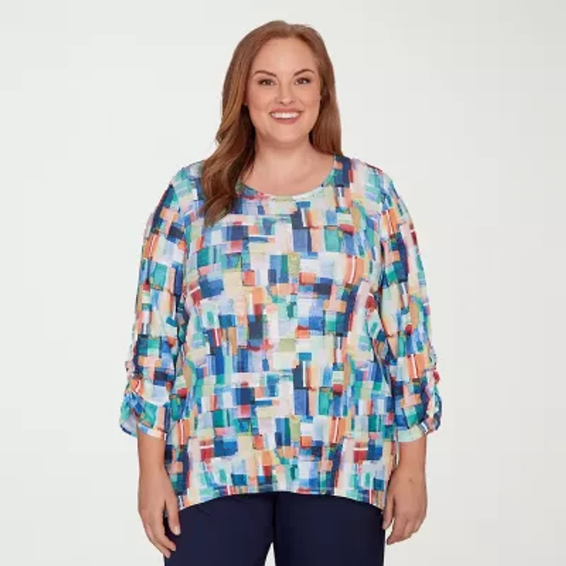 Alfred Dunner Saratoga Springs Womens Plus Crew Neck 3/4 Sleeve T-Shirt